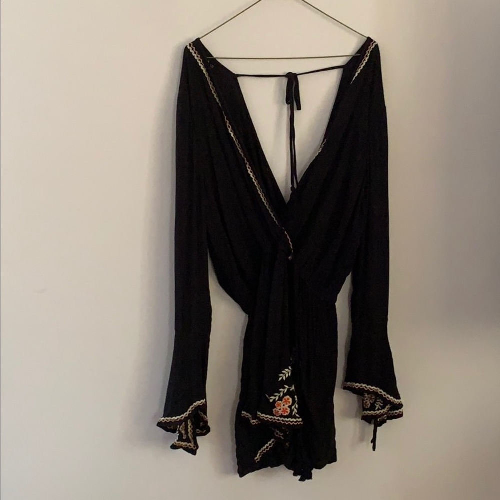 Band of Gypsies Black Embroidered Romper with Floral Accents